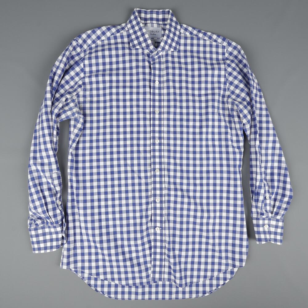 Ledbury Fine Shirting Mens 16 Slim Fit Button Down Shirt Long Sleeve Blue Check